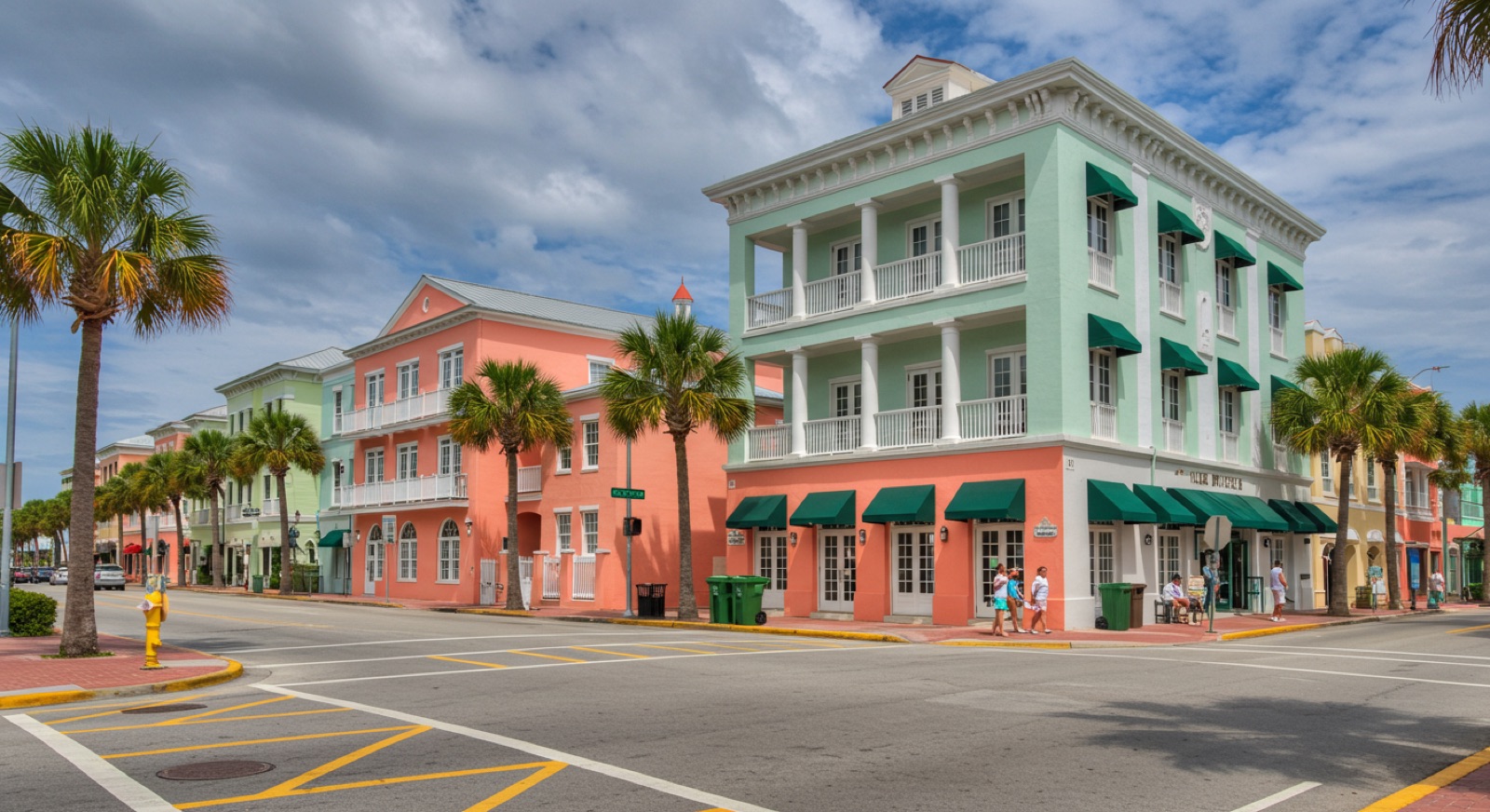 Pastel storefronts along Market Street in downtown Celebration