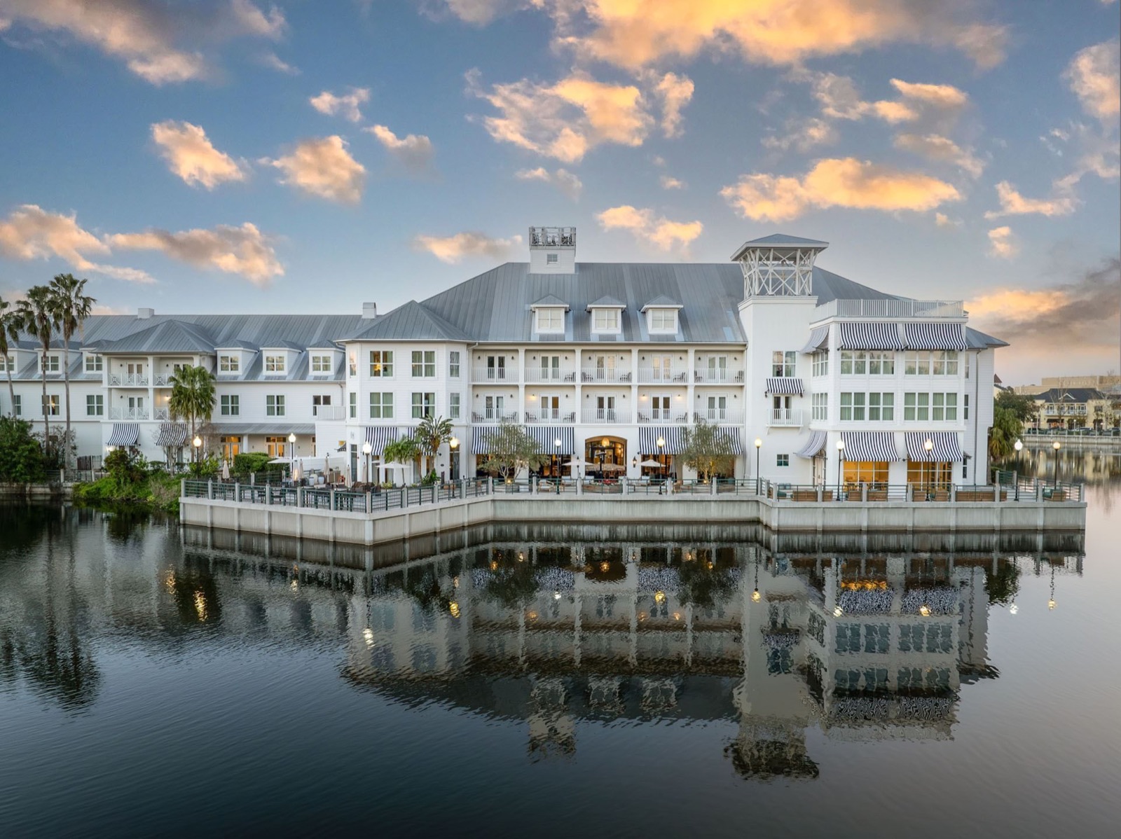 Celebration's lakefront and waterfront architecture at dusk